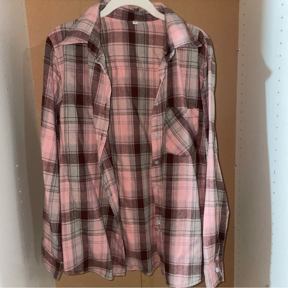 Pink and Brown Plaid Flannel Button Down